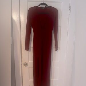 NEVER WORN. Club L Red long sleeve maxi dress w/ plunging neckline & side slit.